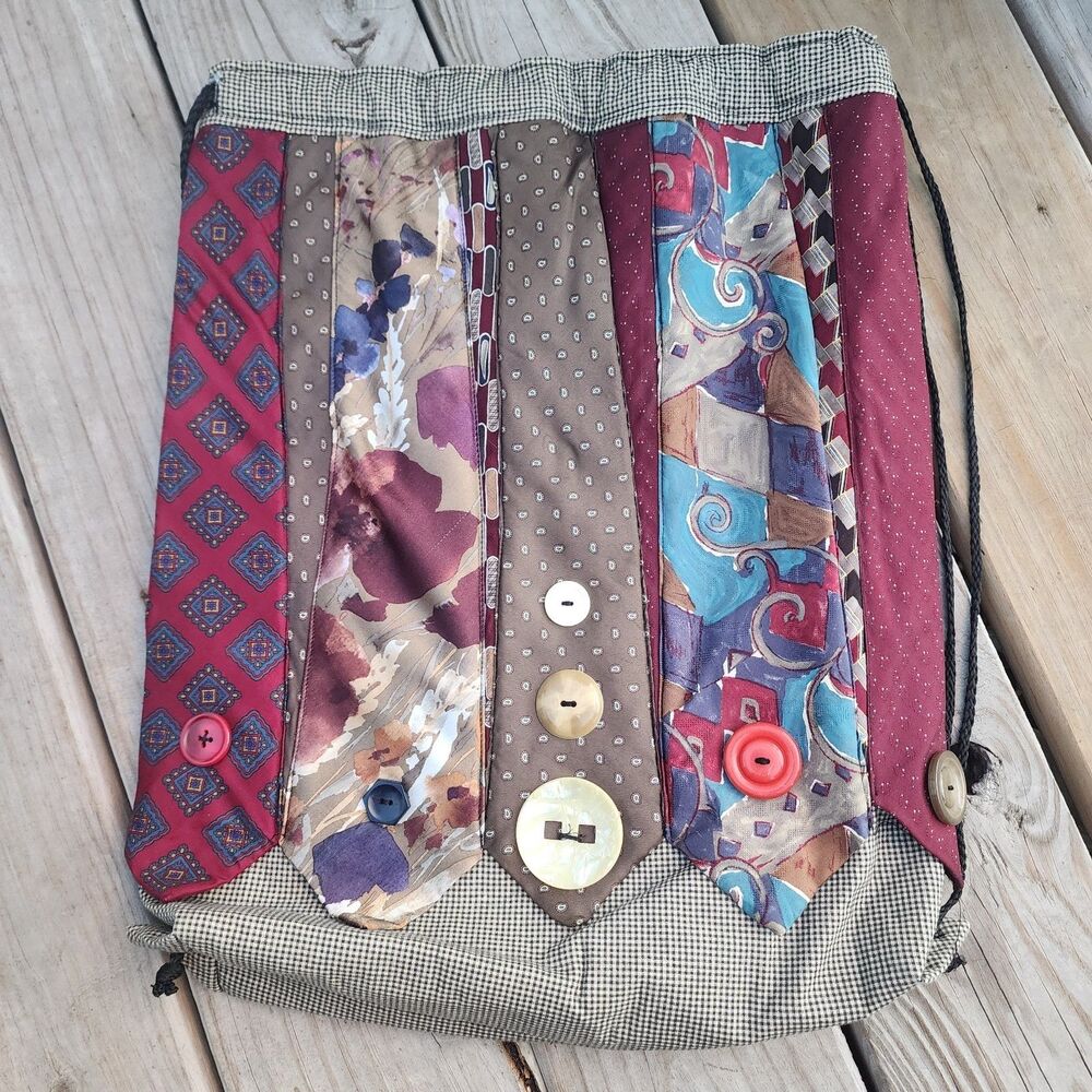 Handmade Necktie Drawstring Patchwork Tote Shoulder Carry All Bag Backpack GC